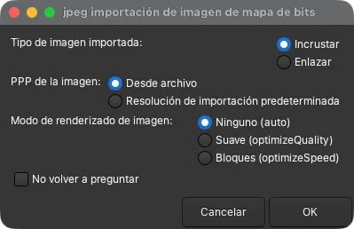 Diálogo de importación de mapa de bits de Inkscape 1.4.4 con la opción Incrustar marcada