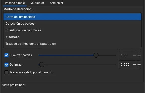 Desplegable Modo de detección: Corte de luminosidad, Detección de bordes, Cuantificación de colores, Autotrazo y Trazado de línea central