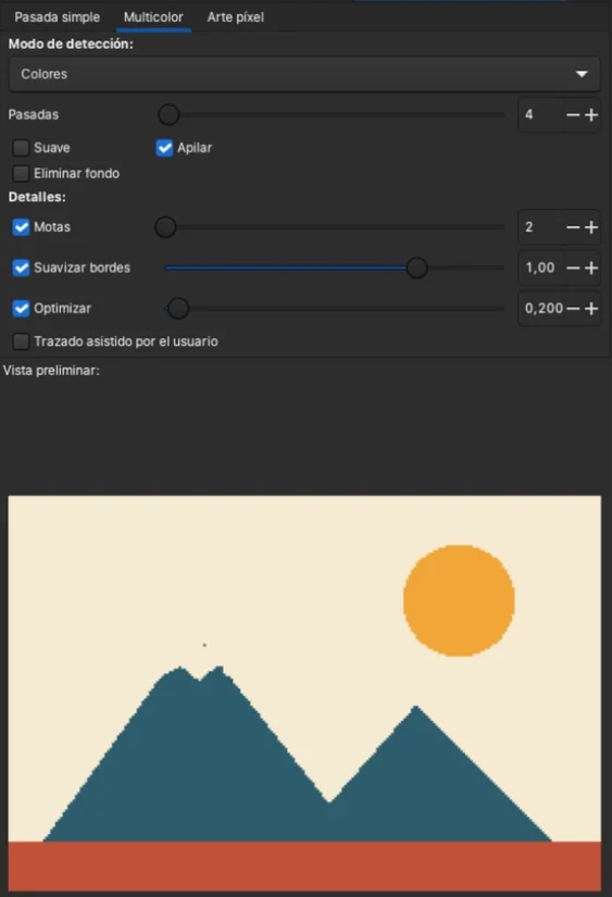Pestaña Multicolor de Vectorizar mapa de bits con modo Colores, 4 pasadas y Apilar marcado