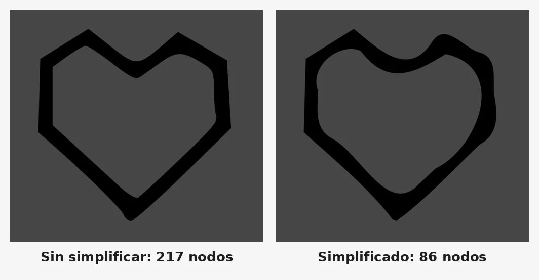 Detalle del corazón vectorizado antes y después de Simplificar: las esquinas se redondean