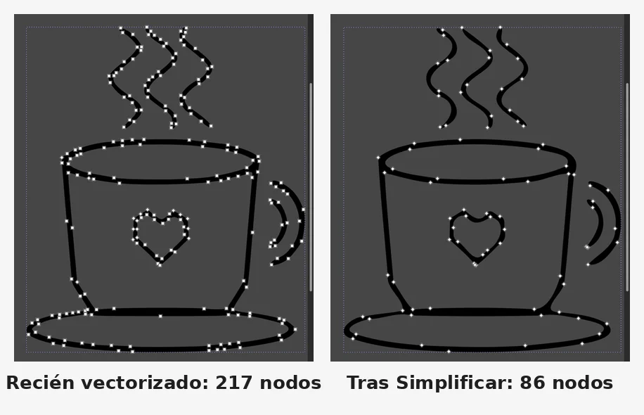 Vector de una taza con la herramienta nodo: 217 nodos antes y 86 después de Trayecto, Simplificar
