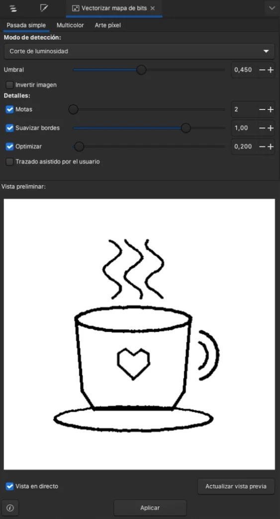 Panel Vectorizar mapa de bits de Inkscape en la pestaña Pasada simple, con Corte de luminosidad, Umbral 0,450 y vista preliminar